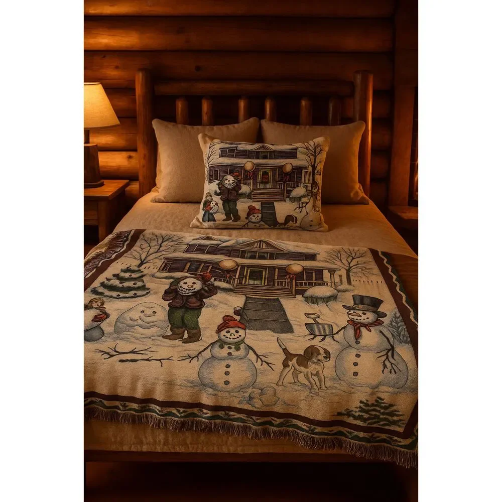 Snowman Tapestry Throw Blanket & Pillow Set Cozycore Cabincore Winter Christmas